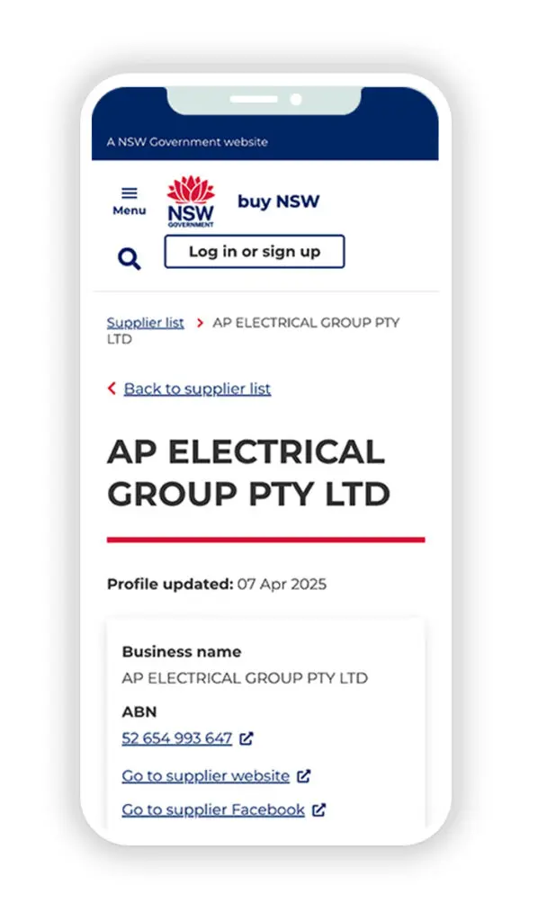 Mobile screen displaying the NSW Government Supplier Directory with category filters and a search function.