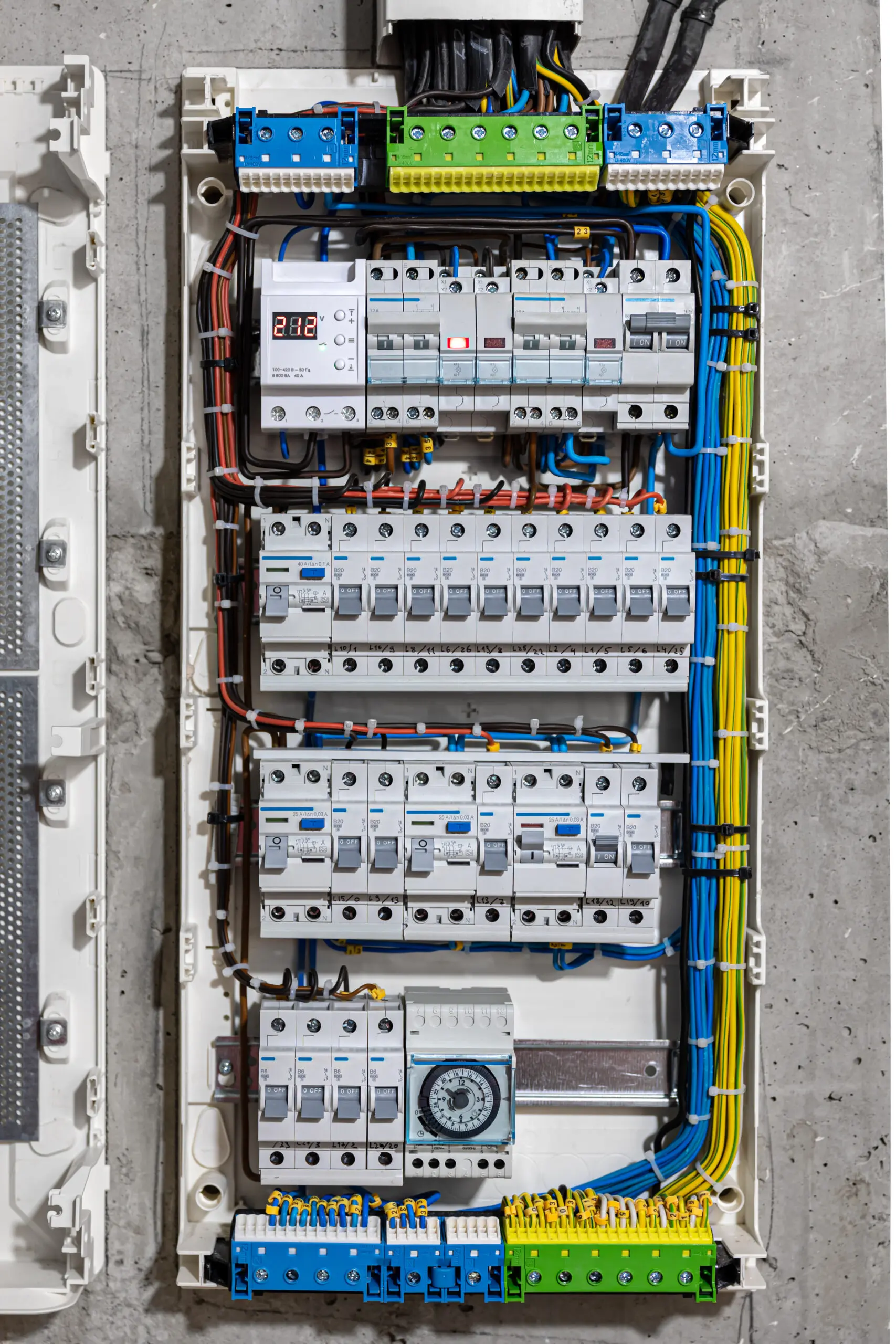 Switchboard with many switches and fiber optic cables.