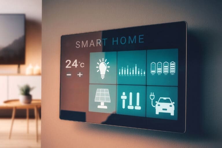 Smart home control panel displaying home automation features including temperature and energy management