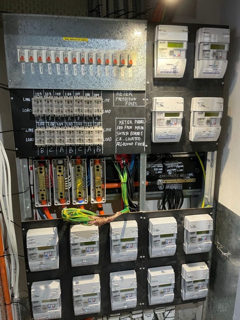Advanced switchboard with detailed labelling of circuit breakers, meters, and fuses in an industrial setting