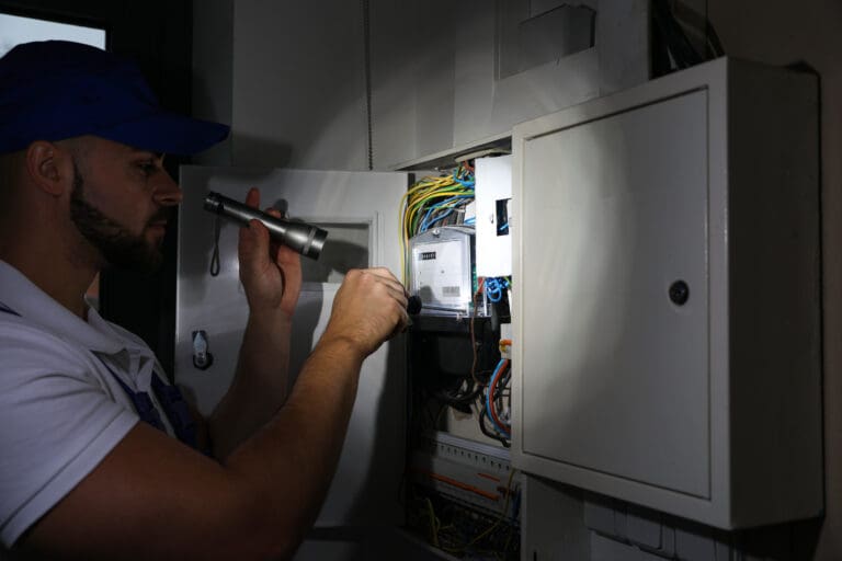 Emergency electrician providing emergency electrical services in a dimly lit panel