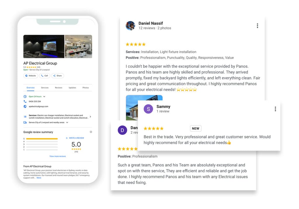 Screenshot of AP Electrical Group's Google Business Profile, featuring customer reviews and a full 5.0-star rating.