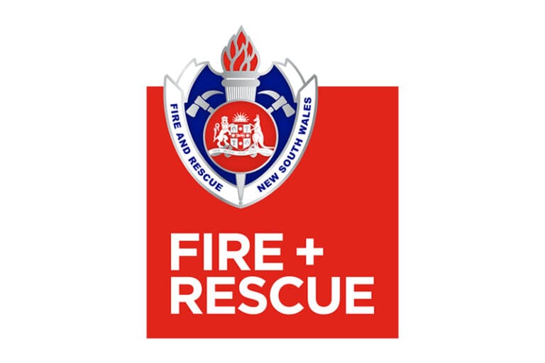 Logo of Fire and Rescue New South Wales featuring a shield with a flame and a red rectangle with 'FIRE + RESCUE' text