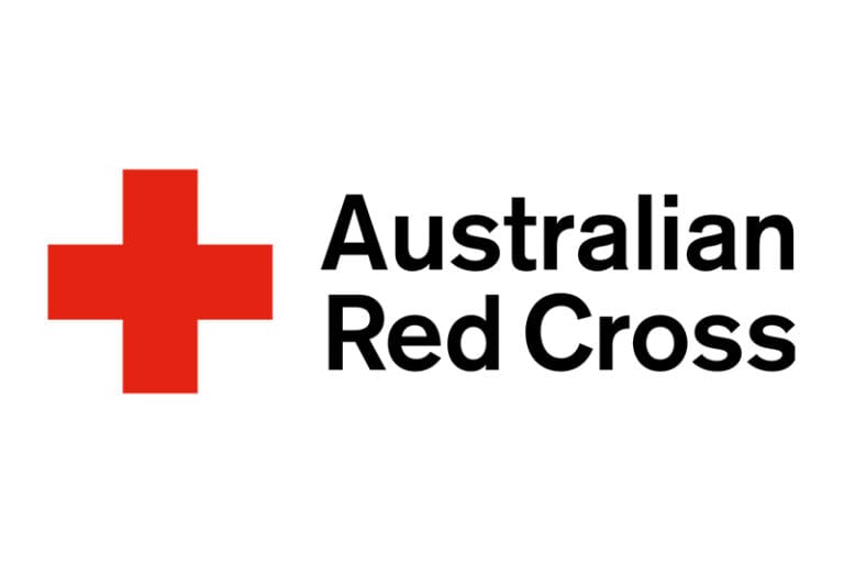 Logo of the Australian Red Cross featuring a red cross symbol and bold black text.