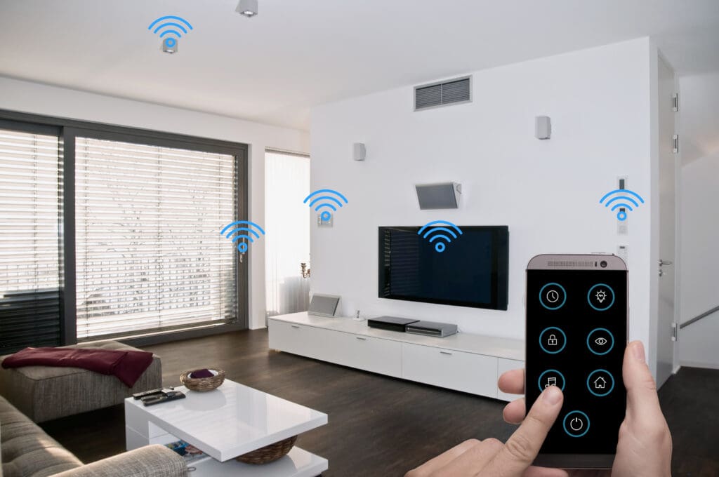 Person using a smartphone to control home automation devices in a modern living room